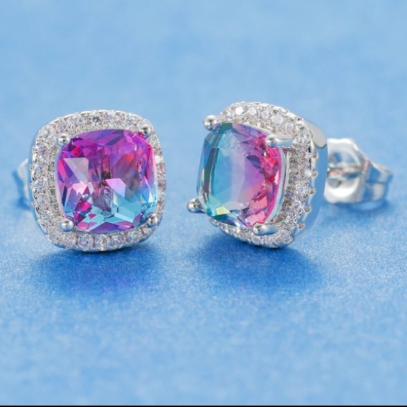 Blue Purple Rainbow Diamond Halo Stud Earrings - Picture 4 of 4